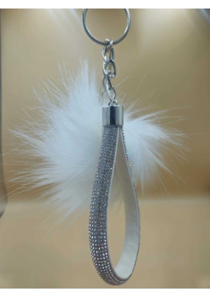 Gümüş Taşlı Tilki Tüyü Beyaz Angel Anahtarlık modelleri