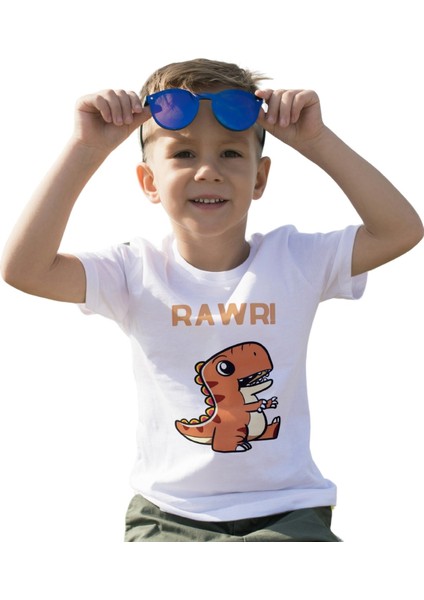 Dinozor Baskılı Çocuk Tshirt Beyaz Tişört