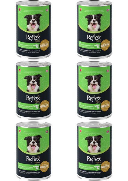 Plus Sos Içinde Parça Etli Beyaz Balıklı ve Tatlı Patatesli Yetişkin Köpek Konservesi 400GR - 6 Adet