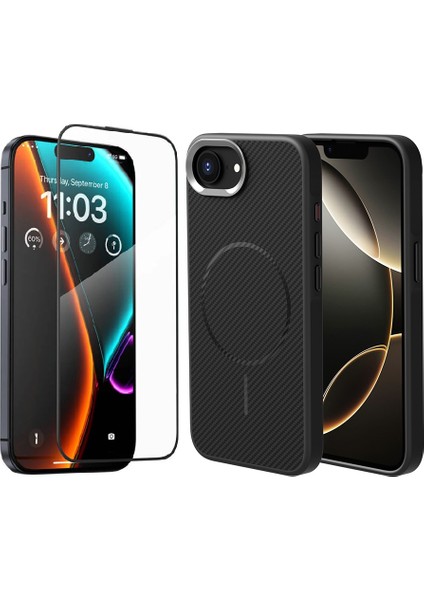 Apple iPhone 16E Kılıf Magsafe Şarj Özellikli Karbon Fiber Görünümlü Zore Troy Kapak + Cam Ekran Koruyucu