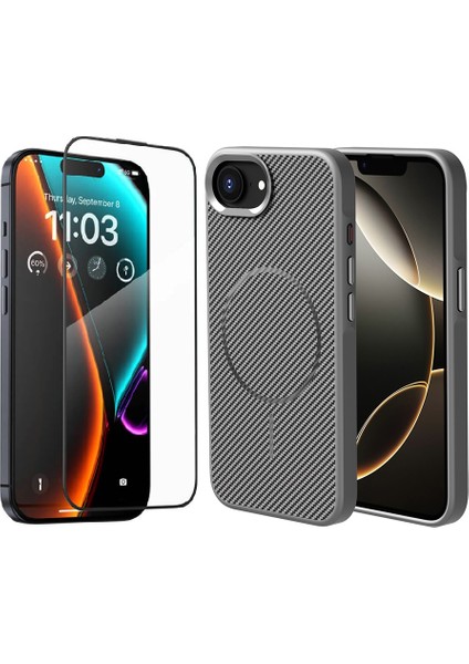 Apple iPhone 16E Kılıf Magsafe Şarj Özellikli Karbon Fiber Görünümlü Zore Troy Kapak + Cam Ekran Koruyucu