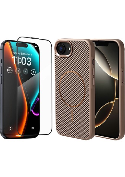 Apple iPhone 16E Kılıf Magsafe Şarj Özellikli Karbon Fiber Görünümlü Zore Troy Kapak + Cam Ekran Koruyucu