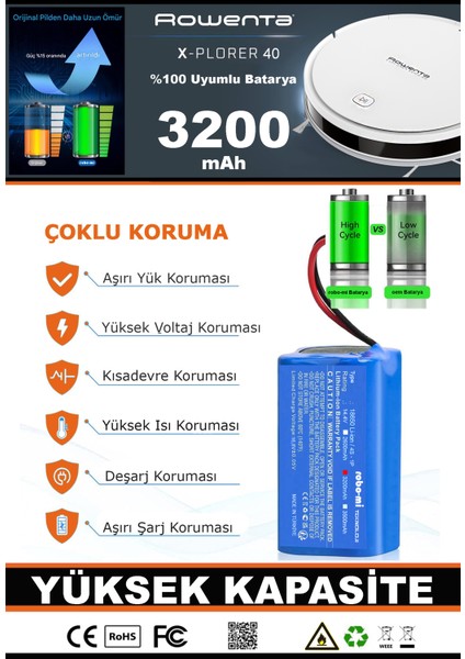 Rowenta Explorer 40 3200mAh Robot Süpürge Bataryası - Gerçek Kapasite, Maksimum Güvenlik indirimleri