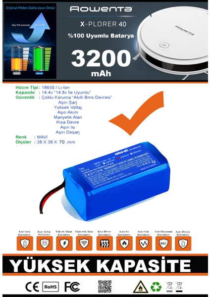 Rowenta Explorer 40 3200mAh Robot Süpürge Bataryası - Gerçek Kapasite, Maksimum Güvenlik