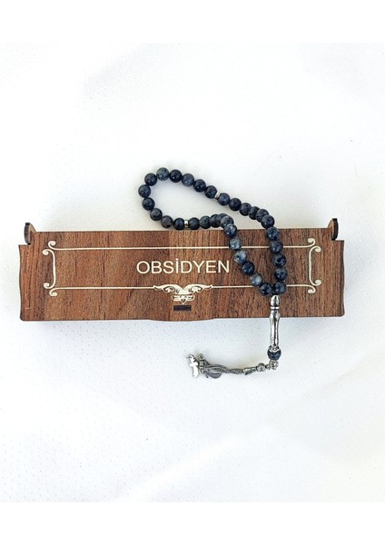 Özel Ahşap Kutulu Obsidyen Taşı Tesbih - Püsküllü Gri, Füme Doğal Taş