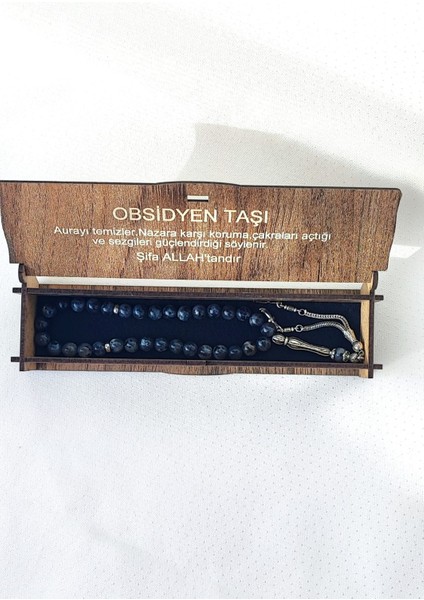 Özel Ahşap Kutulu Obsidyen Taşı Tesbih - Püsküllü Gri, Füme Doğal Taş modelleri