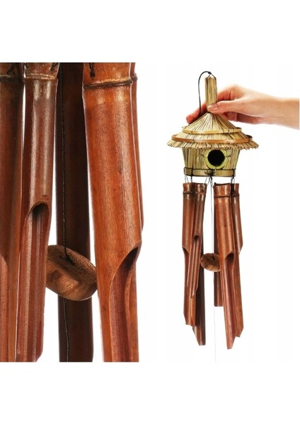 Doğal Bambu Kuş Yuvası ve Rüzgar Çanı – El Yapımı Dekoratif Ahşap Hasır Rüzgar Gülü Ev, Bahçe, Balkon Süsü Otantik Hediyelik