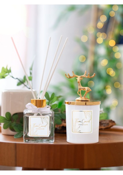 Geyik Başlıklı Gold Detaylı Çubuklu Oda Kokusu 100 ml ve Beyaz Bardak Mum Seti