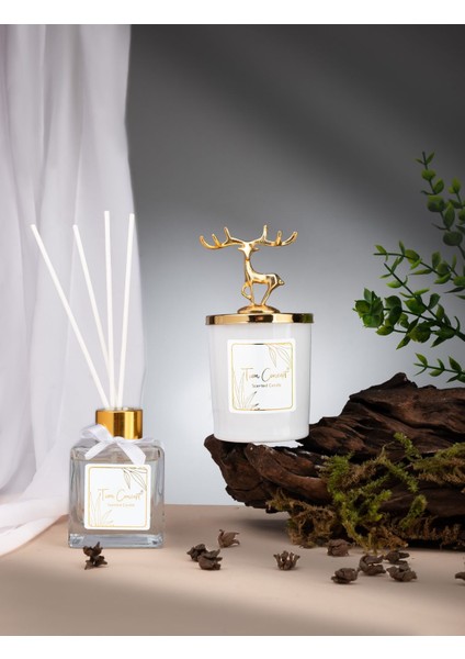 Geyik Başlıklı Gold Detaylı Çubuklu Oda Kokusu 100 ml ve Beyaz Bardak Mum Seti