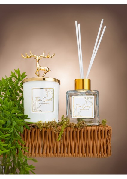 Geyik Başlıklı Gold Detaylı Çubuklu Oda Kokusu 100 ml ve Beyaz Bardak Mum Seti