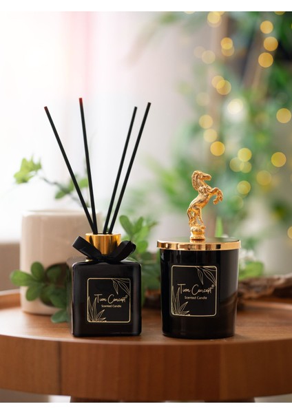 Dekoratif At Başlıklı Gold Detaylı Çubuklu Oda Kokusu 100 ml ve Siyah Bardak Mum Seti