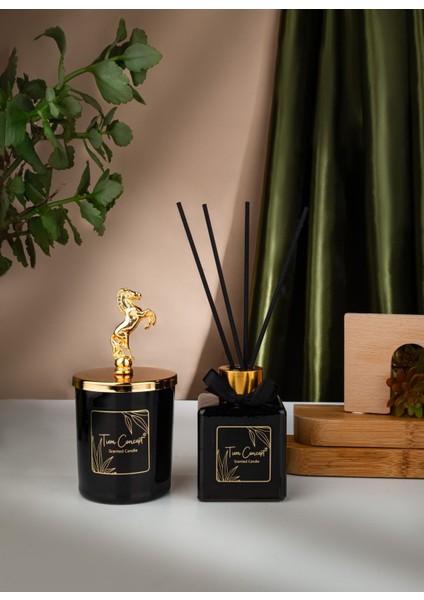 Dekoratif At Başlıklı Gold Detaylı Çubuklu Oda Kokusu 100 ml ve Siyah Bardak Mum Seti indirimleri