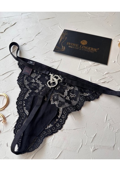 Intive Siyah Arkası Taşlı Vs Logolu Dantelli Kaliteli Ip G-String