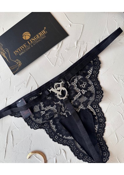 Intive Siyah Arkası Taşlı Vs Logolu Dantelli Kaliteli Ip G-String