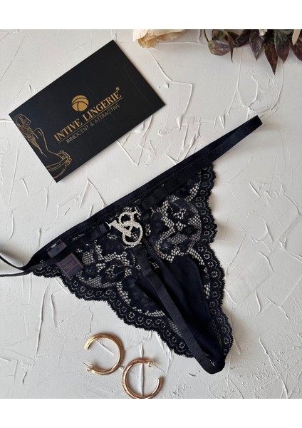 Intive Siyah Arkası Taşlı Vs Logolu Dantelli Kaliteli Ip G-String
