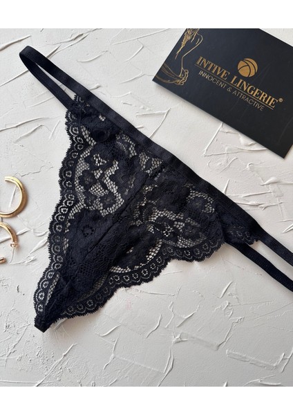 Intive Siyah Arkası Taşlı Vs Logolu Dantelli Kaliteli Ip G-String