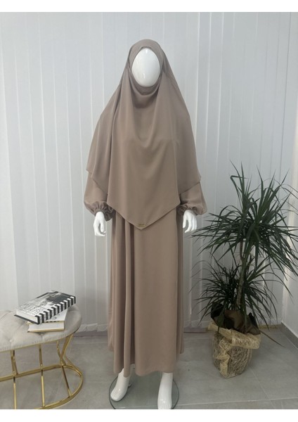 Yandan Büzgülü Elbise Sufle Esarp Takım Jilbab,abaya,hijab ( Hac ve Umre Için Uygundur) Bej