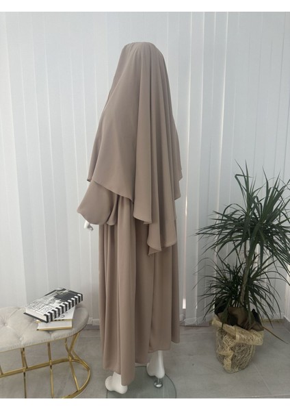 Yandan Büzgülü Elbise Sufle Esarp Takım Jilbab,abaya,hijab ( Hac ve Umre Için Uygundur) Bej modelleri