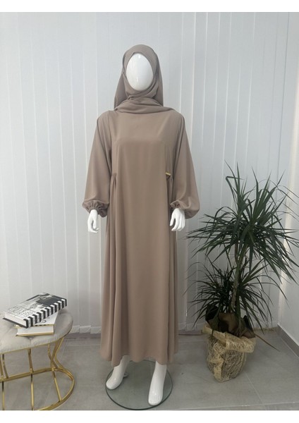 Yandan Büzgülü Elbise Sufle Esarp Takım Jilbab,abaya,hijab ( Hac ve Umre Için Uygundur) Bej indirimleri