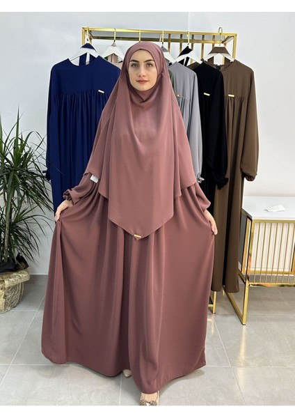 Ferace & Abaya Sufle Esarp ve Üsten Robalı Kemerli Elbise Takım .hac ve Umre Için Uygundur Gül