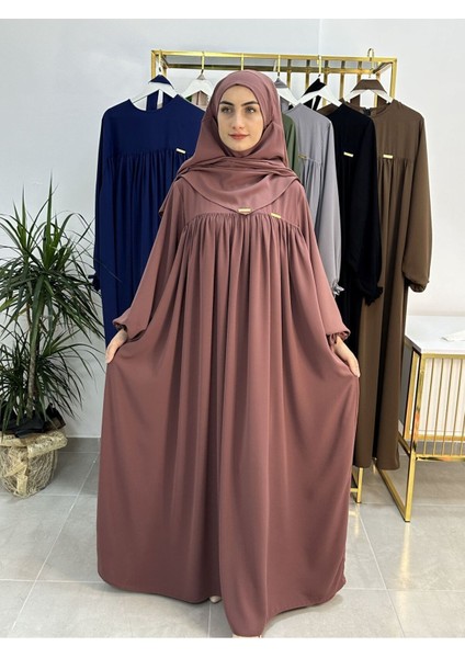 Ferace & Abaya Sufle Esarp ve Üsten Robalı Kemerli Elbise Takım .hac ve Umre Için Uygundur Gül