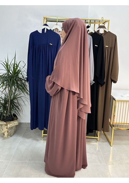 Ferace & Abaya Sufle Esarp ve Üsten Robalı Kemerli Elbise Takım .hac ve Umre Için Uygundur Gül