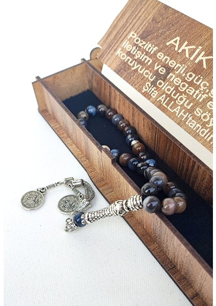 Özel Ahşap Kutulu Akik Taşı Tesbih - Püsküllü Doğal Taş