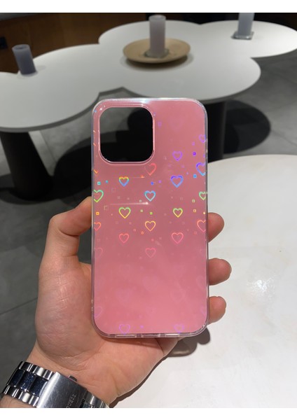 Apple iPhone 14 Pro Max Uyumlu Kalp Desenli Hologram Silikon Kılıf