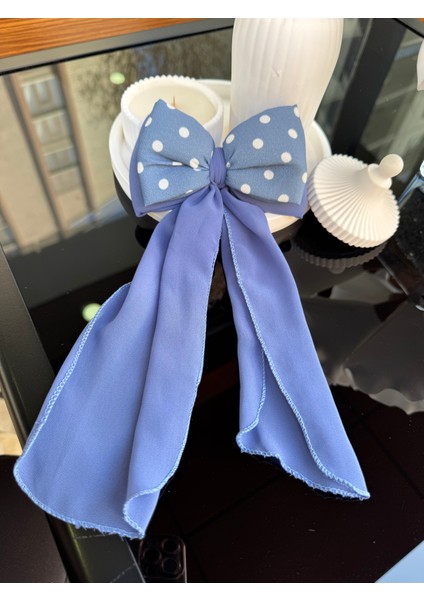 Mavi Puantiye Detaylı Klipsli Kurdele Fiyonk Toka