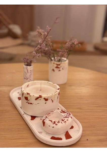 4 Parça Beton Mum Set Terrazzo Görünüm Beyaz Terra Renk Karışık