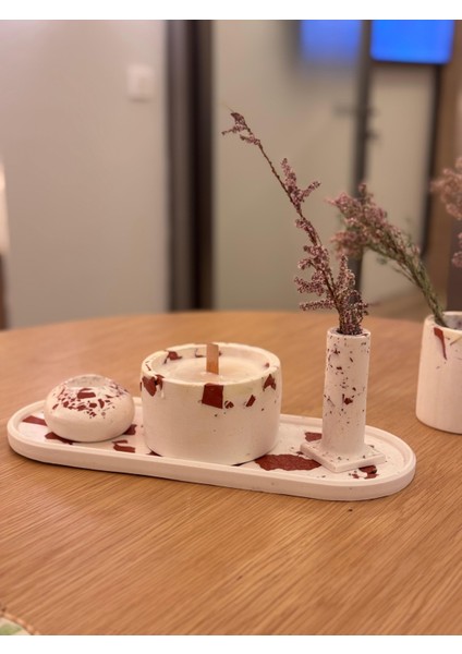 4 Parça Beton Mum Set Terrazzo Görünüm Beyaz Terra Renk Karışık