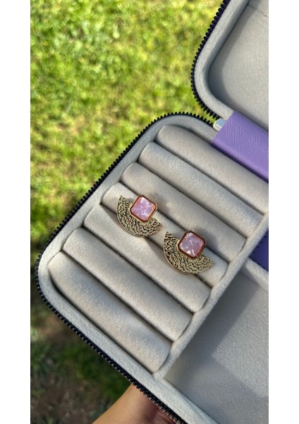 Pembe Mineli Çelik Küpe
