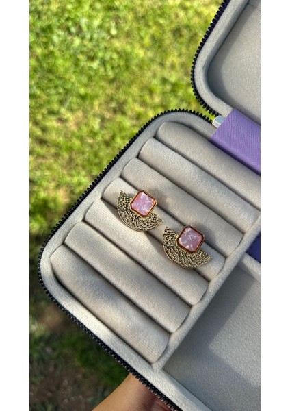 Pembe Mineli Çelik Küpe modelleri