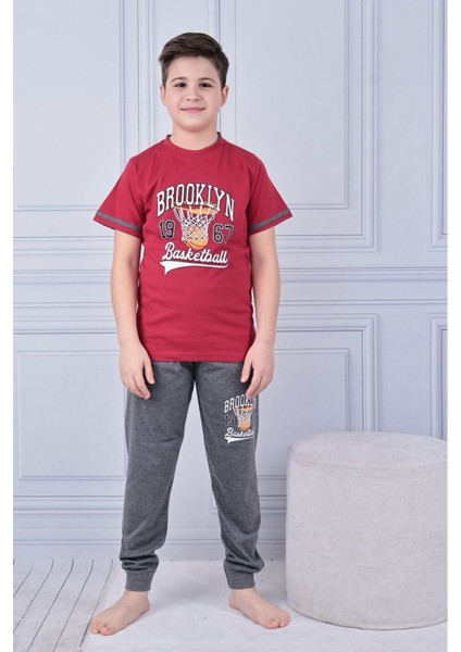 Kapip Bordo Brooklyn Baskılı Uzun Kollu Erkek Çocuk Pijama Takımı 11-15 Yaş 7033-B