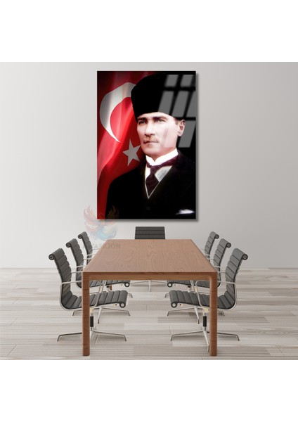 Atatürk ve Bayrak Cam Tablo Dikey Duvar Tablosu Ofis Ev Dekoru Atatürk Portresi