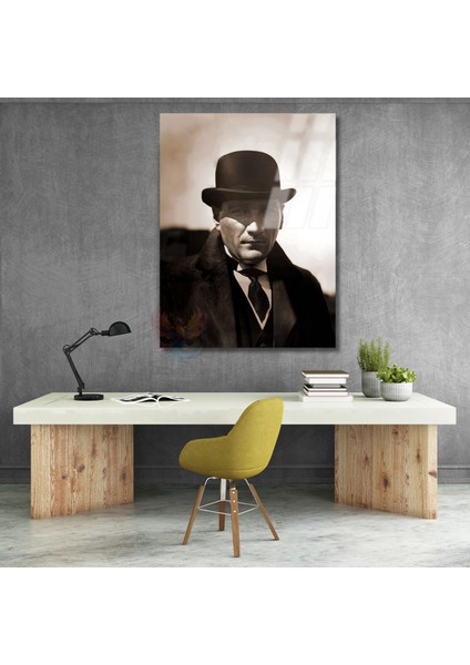 Şapkalı Atatürk Görseli Cam Tablo Dijital Baskı Ev Ofis Dekoru Hd Dijital Baskı Tablo