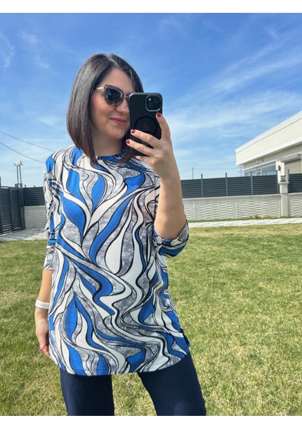 Kadın Büyük Beden Mavi Sıyah Desenli BLUZ-BGB130 fiyatları