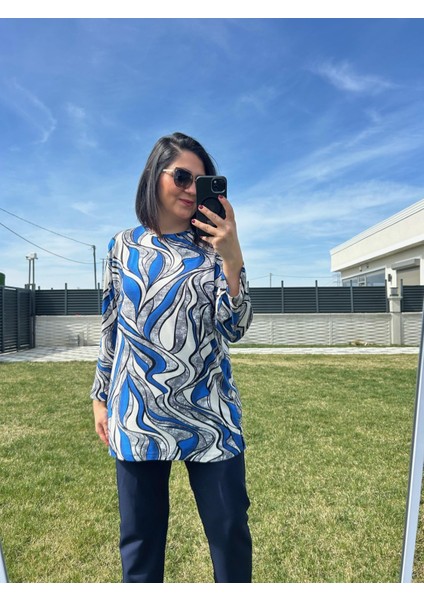 Kadın Büyük Beden Mavi Sıyah Desenli BLUZ-BGB130 modelleri
