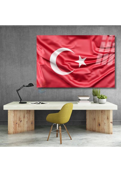 Ay Yıldız Türk Bayrağı Cam Tablo Yatay Duvar Tablosu Ev Ofis Okul Tablosu