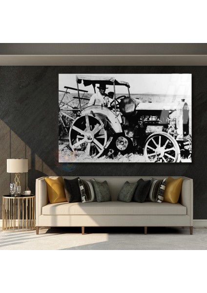 Traktör Süren Atatürk Tablosu Cam Tablo Hd Dijital Baskı Yatay Duvar Tablosu