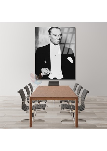 Siyah Beyaz Karizmatik Atatürk Görseli Cam Tablo Dikey Duvar Tablosu Ev Ofis Dekoru fiyatları