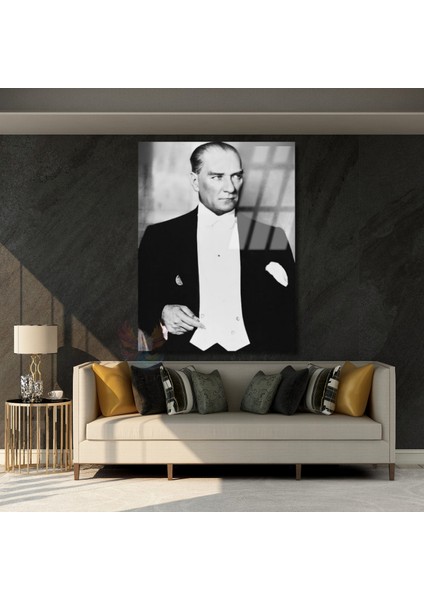 Siyah Beyaz Karizmatik Atatürk Görseli Cam Tablo Dikey Duvar Tablosu Ev Ofis Dekoru modelleri