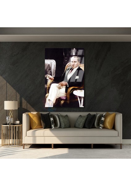 Kahve Içen Atatürk Görseli Renkli Atatürk Tablosu Dikey Cam Ev Ofis Tablosu