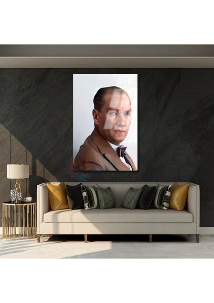 Mavi Gözlü Atatürk Cam Tablo Ev Ofis Duvar Dekoru Dikey Tablo