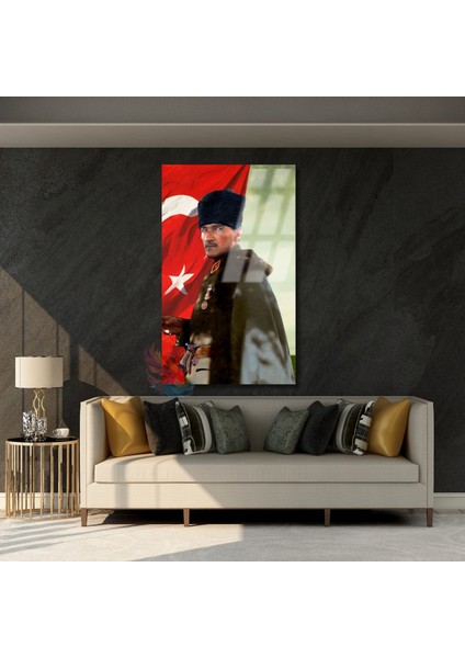 Atatürk ve Türk Bayrağı Renkli Görsel Cam Duvar Tablosu Dikey Duvar Tablosu