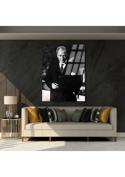 Siyah Beyaz Atatürk Portresi Cam Tablo Mustafa Kemal Atatürk Tablo Modeli Ev Ofis Dekoru