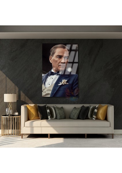 Karizmatik Renkli Atatürk Görseli Cam Tablo Dikey Duvar Tablosu