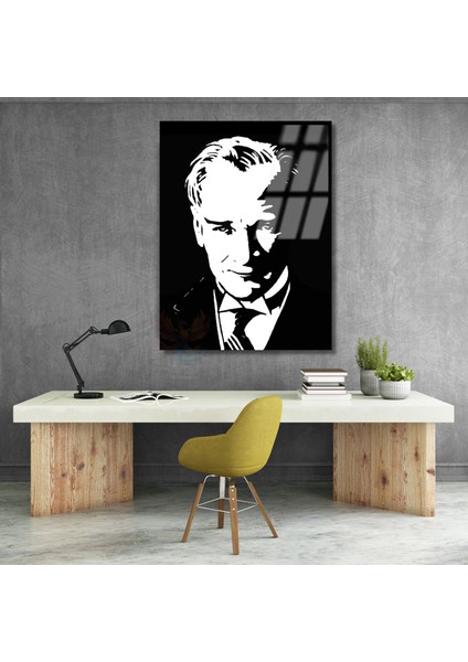 Siyah Beyaz Atatürk Çizimi Cam Tablo Modeli Dikey Duvar Tablosu Ofis Okul Ev Tablosu