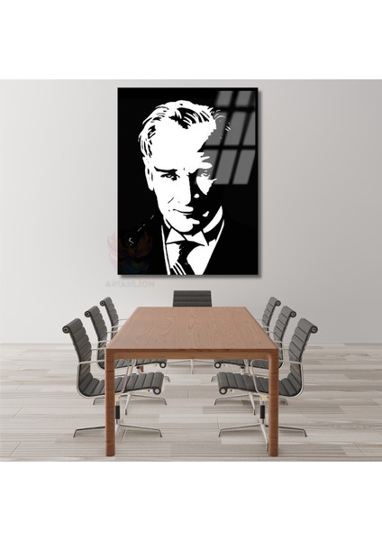 Siyah Beyaz Atatürk Çizimi Cam Tablo Modeli Dikey Duvar Tablosu Ofis Okul Ev Tablosu