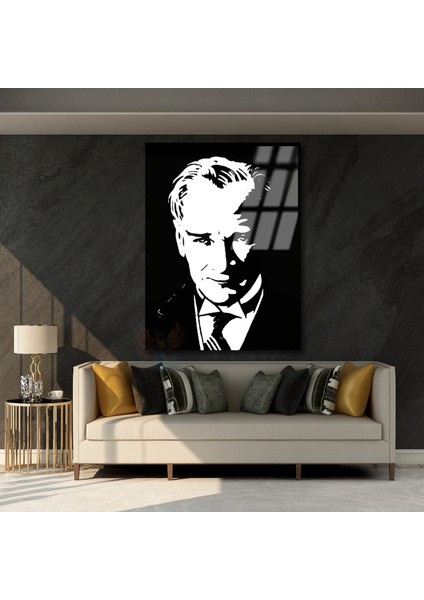 Siyah Beyaz Atatürk Çizimi Cam Tablo Modeli Dikey Duvar Tablosu Ofis Okul Ev Tablosu